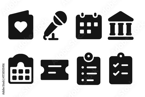 Event Planning Icons. Solid, filled icon set of event planning: invitation card, microphone, calendar, venue, seating chart, ticket, schedule, checklist. [Line