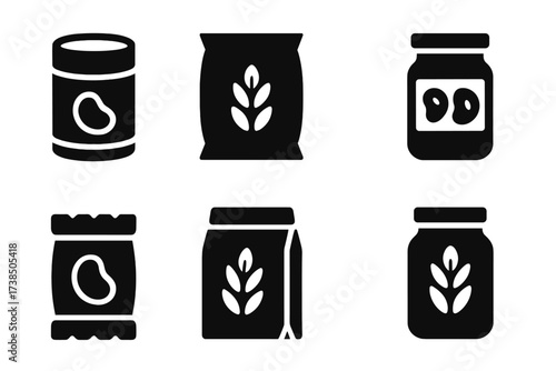 Rice and Beans Icons. Solid, filled icon set of rice and beans packaging: canned beans, rice bag, plastic container, mason jar, foil pack, paper bag, takeout