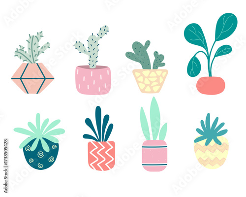 Collection of home indoor plants in pots. Cacti, rubber plants, roses, bonsai. Set of decorative flowers. Gardening. Colorful flower pots isolated on a white background. Flat vector illustration