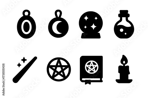 Magical Charm Icons. Solid, filled icon set of magical charms: talisman, amulet, crystal ball, potion bottle, wand, pentagram, spell book, candle. Solid,