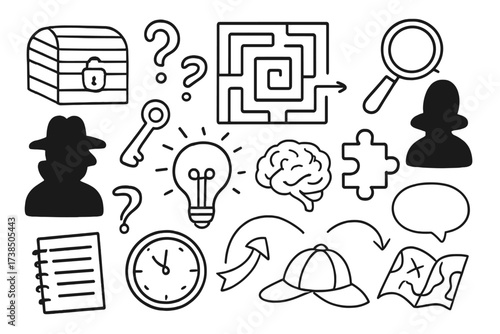 Mystery Symbols Doodle. Hand-drawn doodle illustration enigma conundrum locked chest, key, question marks, maze, magnifying glass, shadow figure, light bulb,