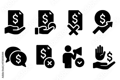 Debt Actions Icon Set. Solid, filled icon set of debt actions: borrow, pay, default, refinance, negotiate, collect, dispute, settle. [Solid, filled icons in
