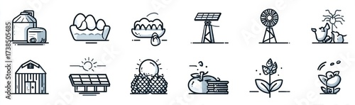 Flat Line Icon Set of Sustainable Agriculture, Renewable Energy, and Eco Farming. Farmhouse and Solar Panel.