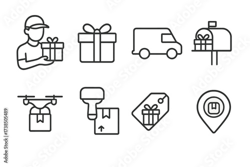 Seasonal Shipping Icons. Outline icon set of seasonal shipping services: express delivery badge, gift wrapping service, holiday courier cap, parcel insurance
