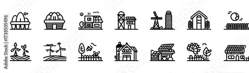 Flat Line Icon Set of Sustainable Agriculture, Renewable Energy, and Eco Farming. Farmhouse and Solar Panel.