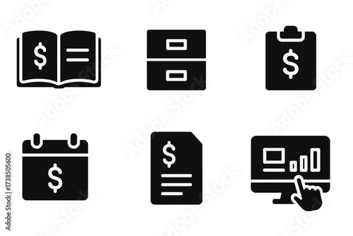 Dividend Record Icons. Solid, filled icon set of dividend record keeping: ledger book, filing cabinet, document folder, checklist, calendar, report file,