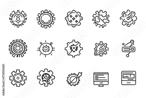 Vector Line Icon Set Showcasing Tools, Setting, Development, and Technology. Gear, Coding, and Wrench Symbols.