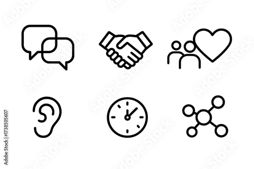 Communication Icons Grid. Outline icon set of generational communication: speech bubbles, handshake, group of people, heart, ear, eye, clock, network. Line