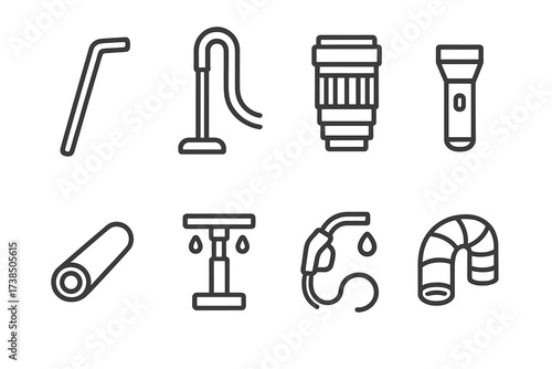 Tube Icon Set. Outline icon set of tube in daily life: drinking straw, vacuum cleaner tube, camera lens tube, flashlight tube, cable conduit, garden sprinkler