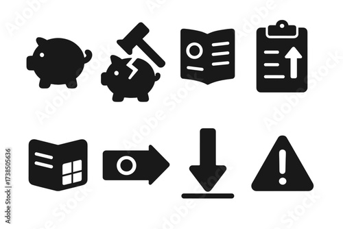 Savings Icon Set. Solid, filled icon set of savings withdrawal: piggy bank, hammer breaking piggy, savings ledger, withdrawal form, savings passbook, money out