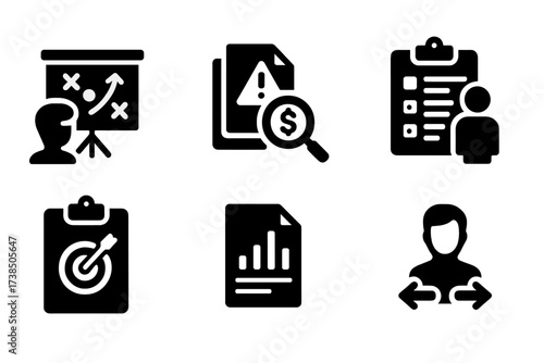 Advisor Task Icons. Solid, filled icon set of advisor tasks: strategy planning, risk assessment, financial analysis, project management, goal setting, report