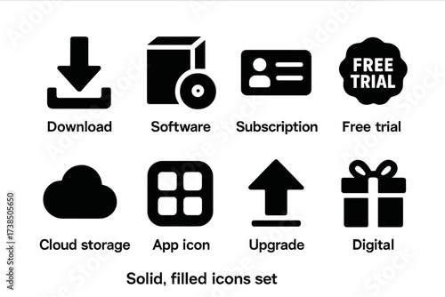 Digital Offer Icons. Solid, filled icon set of digital offers: download arrow, software box, subscription card, free trial badge, app icon, cloud storage,