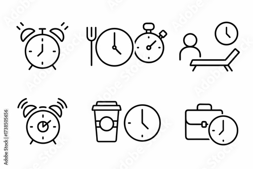 Daily Routine Icons. Outline icon set of daily routine time: morning alarm, lunch clock, meeting timer, break time, bedtime clock, wake-up call, coffee break