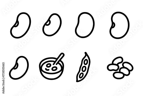 White Beans Icon Set. Solid, filled icon set of white beans: cannellini beans, navy beans, great northern beans, butter beans, white kidney beans, white bean