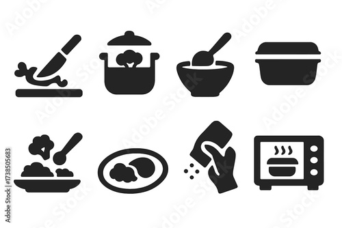Nourishment Icon Set. Solid, filled icon set of nourishment meal prep: chopping, cooking, mixing, storing, serving, plating, seasoning, reheating. Solid,