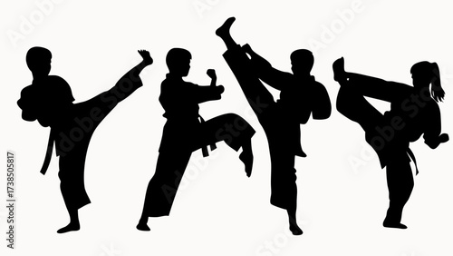 Silhouette of four martial artists performing various kicking stances in a white background image