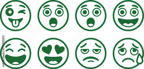 Collection of eight green cartoon faces showing a variety of emotions from joy love surprise and sadness in vector illustration style