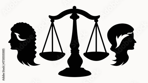 Silhouette of scales of justice between two female profiles in black and white design art