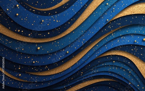 Abstract design of layered, wavy blue and gold textures, adorned with small golden dots