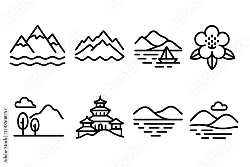 Nepalese Landscape Icons. Outline icon set of Nepalese landscapes: Himalayas, Annapurna range, Phewa Lake, Rhododendron flower, Terai plains, Kathmandu valley,