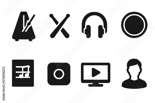 Drum Practice Icons. Solid, filled icon set of drum skin practice and rehearsal: metronome, drumsticks, headphones, practice pad, music sheet, recording