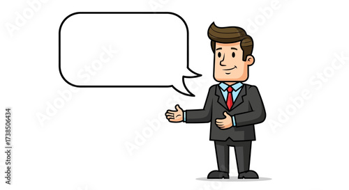 Cartoon businessman gesturing with speech bubble offering advice or guidance presenting information