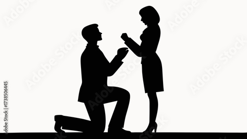 Silhouette of a man proposing to a woman with the man on one knee and the woman standing upright