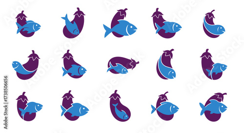 Creative logo design featuring eggplants and fish in a unique and appealing arrangement