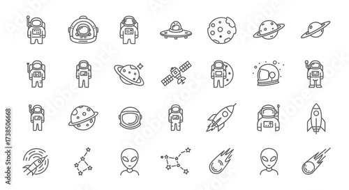 Collection of minimalist space and cosmos themed line art icons perfect for design projects 78