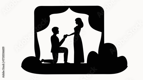 Silhouette of man proposing to woman on stage with curtains in black and white illustration art
