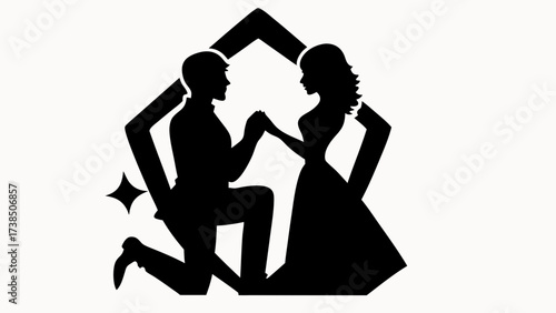 Silhouette of a man proposing to a woman inside a geometric frame with sparkle accents on the side