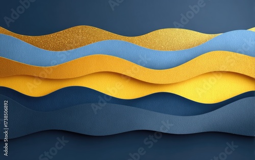 Abstract, layered design features wavy shapes in various shades of blue & gold, textured