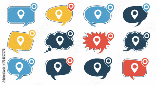 Collection of vibrant speech bubbles with location pin, ideal for digital communication design