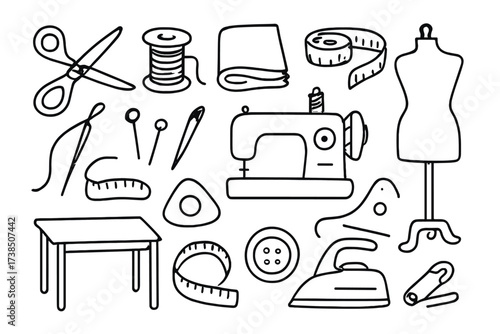 Tailor's Tools Illustration. Hand-drawn doodle illustration tailor sewing machine, scissors, thread spool, fabric, measuring tape, needle, pins, mannequin,
