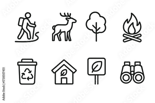 Eco Tourism Icons. Outline icon set of eco tourism: hiking trail, wildlife, tree, campfire, recycling bin, eco lodge, nature reserve, binoculars. Line icons in
