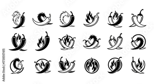Monochrome collection of spicy chili pepper logos and designs featuring dragons and flames