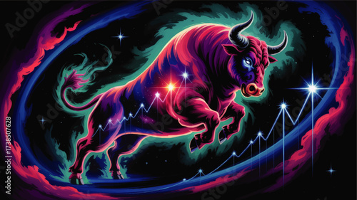 Neon Bull Market Surge Illustration – Vibrant Cosmic Bull and Rising Stock Chart with Futuristic Colors for Finance Concepts