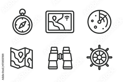 Warship Navigation Icons. Outline icon set of warship navigation tools: compass, GPS, radar screen, sonar display, map chart, binoculars, steering wheel, depth