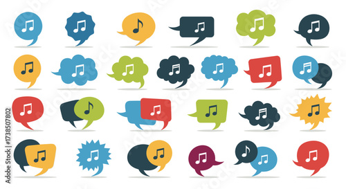 Colorful musical note speech bubbles set against a clean white background visual appeal
