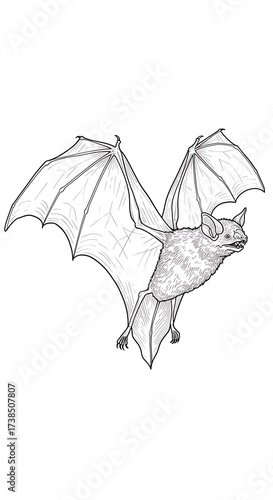 Detailed Illustration of Flying Bat with Intricate Wing Veins and Fur