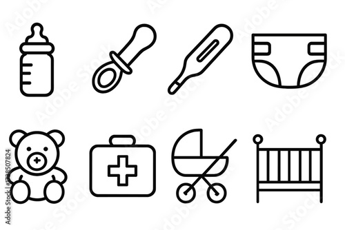 Children's Health Icons. Outline icon set of children?s health and care: baby bottle, pacifier, thermometer, diaper, teddy bear, first aid kit, stroller, crib.