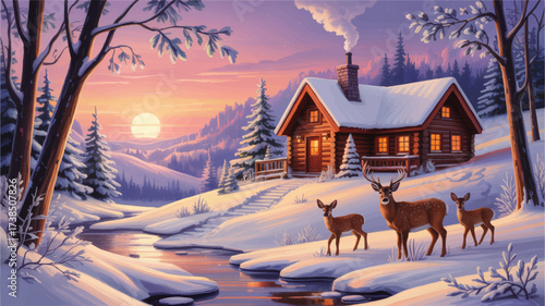 Cozy Winter Cabin in Snowy Forest Landscape with Deer by River at Sunset, Serene Holiday Scene, Warm Lights, Digital Art Illustration