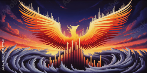Majestic Phoenix Rising from Waves with Financial Growth Chart, Epic Sunrise Background, Symbol of Business Recovery and Success