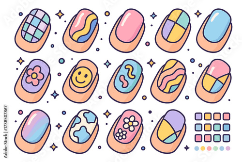 Pastel Nail Art Icons. Pastel nail trends. Colorful isometric vector icons set of pastel nail trends: pastel checker, abstract waves, jelly nails, mix-match