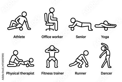 Foam Roller Icons. Outline icon set of foam roller user types: athlete, office worker, senior, yoga practitioner, physical therapist, fitness trainer, runner,