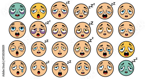 Collection of Sleepy and Exhausted Emoticons Expressing Fatigue and Weariness in Various Poses