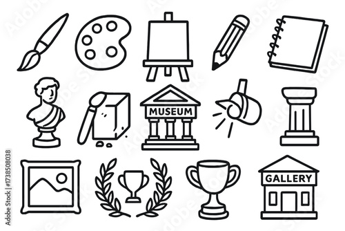 Art Tools Icons. Hand-drawn doodle illustration masterpiece creation paintbrush, palette, canvas, easel, pencil, sketchbook, sculpture, chisel, marble block,
