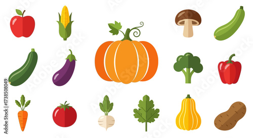 Flat vector set of various fresh vegetables on white background perfect for designers