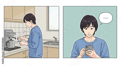A young man making coffee while checking messages on his phone depicted in a manga style drawing