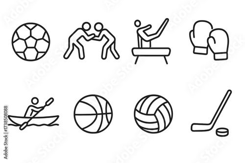 Sports and Landmarks Icons. Outline icon set of Ukrainian sports: football, wrestling, gymnastics, boxing gloves, canoeing, basketball, volleyball, hockey